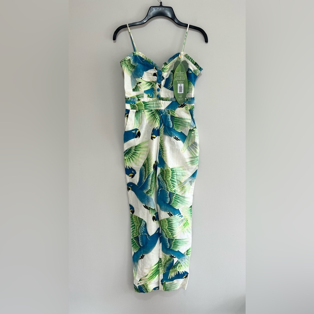 FARM Rio NWT Araras Parrot Print Smocked Linen Relaxed Fit White Jumpsuit, XS - Picture 2 of 14